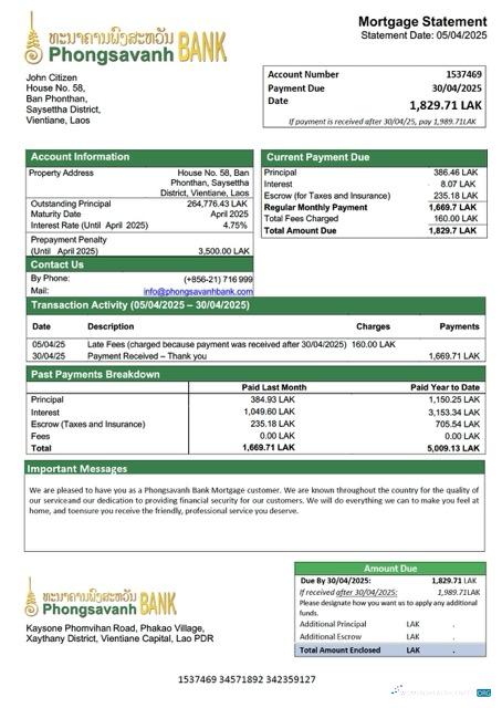 Download Laos Phongsavanh Bank mortgage statement Word and PDF template Photoshop template